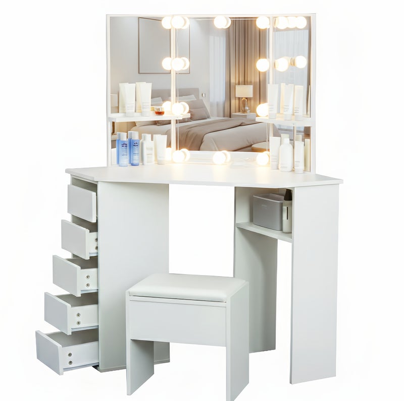 Sharpdo Bedroom Dressing Table and Stool Set, With 3 Mirrors and LED 3-Color Lighting - Image 1